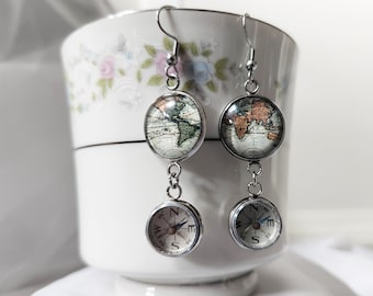 World map and compass earrings
