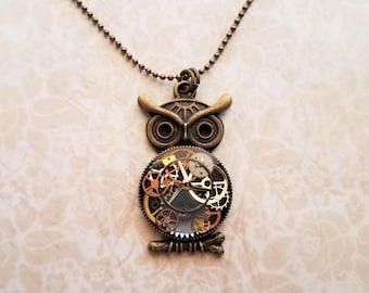 Steampunk owl watch gears and resin pendant