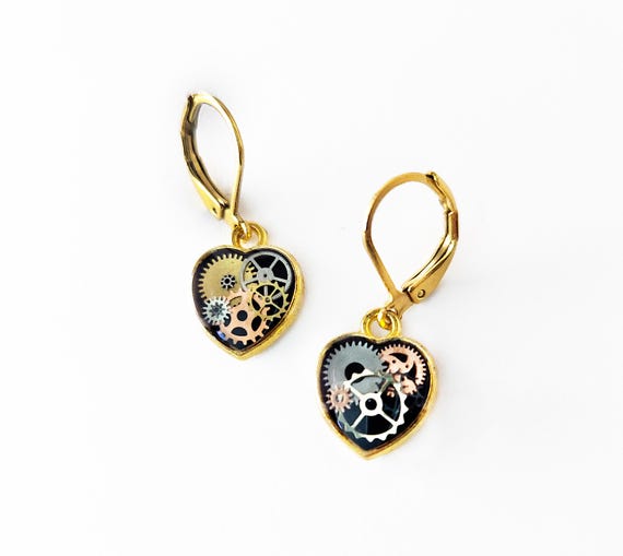 Dainty clockwork heart lever back earrings