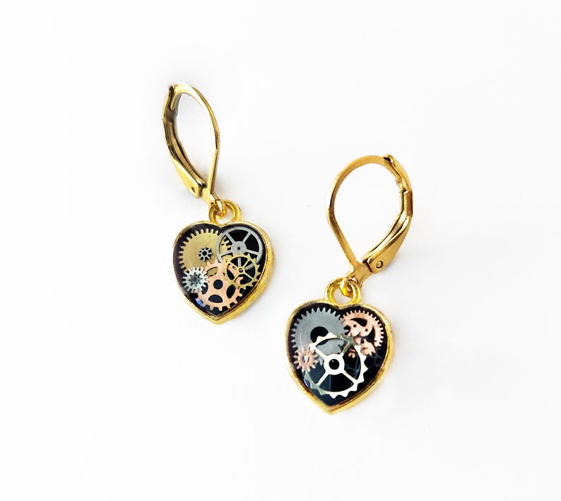 Dainty clockwork heart lever back earrings image 1