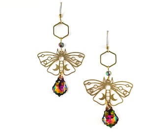 Brass hexagon, moth, and Swarovski crystal earrings
