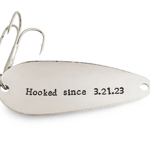 Fishing Lure or Keychain with your date, 1 year anniversary gift for him, one year anniversary, 1st, hooked since 2023 image 1