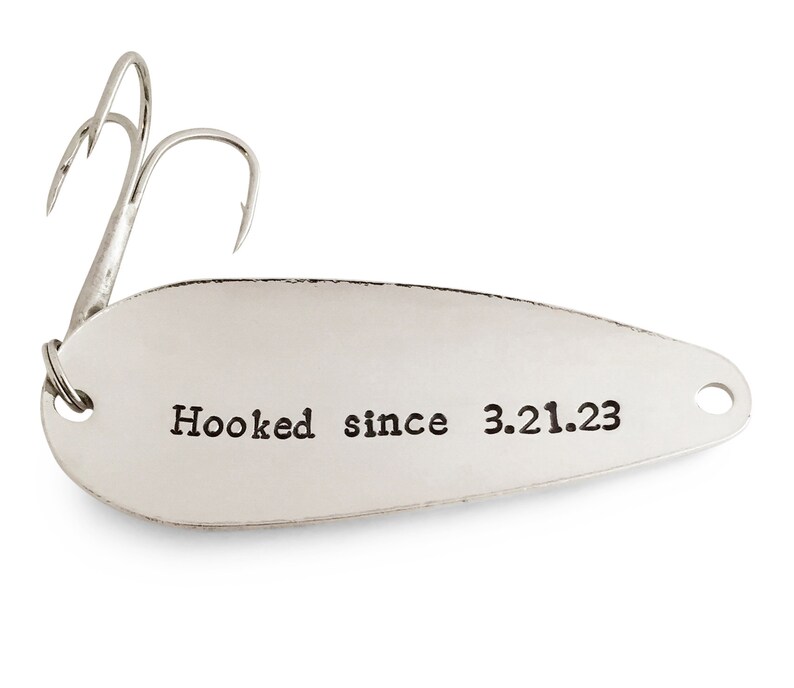 Fishing Lure or Keychain with your date, 1 year anniversary gift for him, one year anniversary, 1st, hooked since 2023 image 1