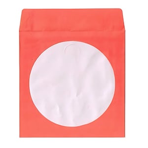 May include: A red CD or DVD mailer envelope with a white circle window for viewing the disc.