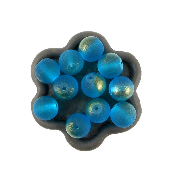 X 20 Perles en verre bleu canard dorée 10mm (75C)
