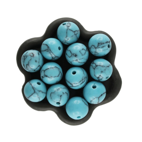 Fil de 37 Perles rondes en bleu turquoise 10mm veine noir (53C)