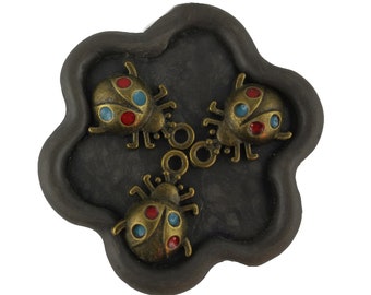 X 10 Breloques pendentifs coccinelle bronze et email bleu et rouge 19mmx14mm (384D)