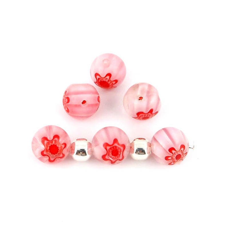 x10 Perles rondes millefiori verre fleur rose 10mm 68C image 1