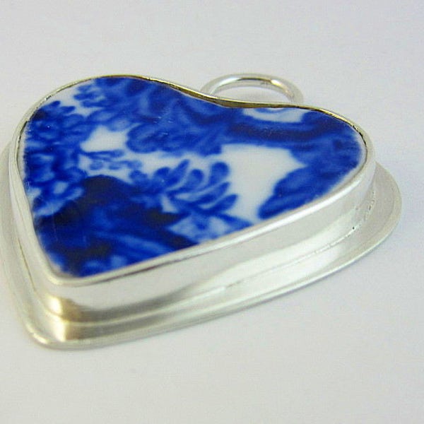 Blue and White Heart Pendant; Unique Broken China Jewelry; Vintage Sterling Silver Birthday Bridesmaid Mothers Day Valentines Day Gift