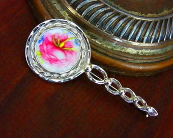 Pink Old Rose Blossom Brooch Pin ~ Handmade Broken China Jewelry; Vintage Sterling Silver; Birthday Christmas Anniversary Wedding Graduation