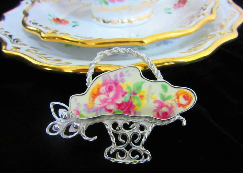 Basket of Rose Blossoms Brooch; Handmade Broken China Jewelry; Vintage Sterling Silver; Birthday Valentines Day Anniversary Graduation