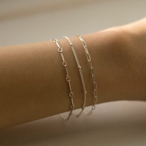 Sterling Silver Bracelet Set, Set of Three Bracelets, Bar Bracelet, Paperclip Bracelet, Satellite Bracelet, Layering Bracelets, Gift for her image 7
