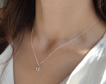Sterling Silver Chain Cubic Zirconia Padlock Charm Necklace, Dainty Charm