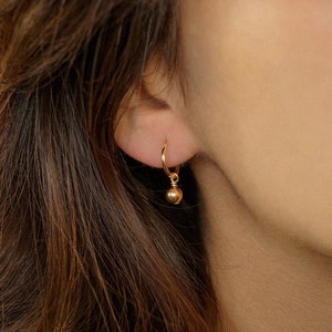 Gold Filled Ball Huggie Earrings, Mini Charm Hoops, Gold Drop Hoops, Dangle Earrings, Bridesmaid Jewellery, Birthday Gift, Gift for Her