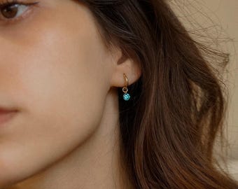 Gold Filled Birthstone Huggie Earrings, Cubic Zirconia Earrings, CZ Huggie Earrings, Mini Hoops, Gold Drop Hoops, Dangle Hoops, Gift for Her