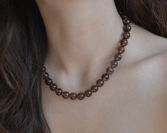 Smokey Quartz 10mm Natural Gemstone Necklace • Crystal Toggle Clasp