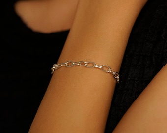 Pulsera de clip de papel gruesa de plata esterlina, pulsera de eslabones de clip de papel, cadena de eslabones, pulsera de capas, pulsera de cadena, regalo para ella, cumpleaños