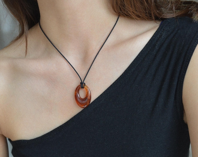 Brown Resin Pendant Necklace • Adjustable Cord Necklace • Handmade Necklace • Summer Necklace • Boho Jewellery • Everyday Necklace •