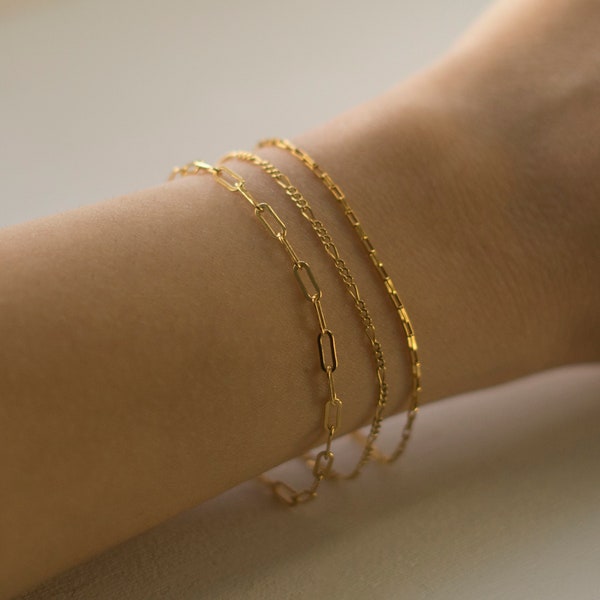 Gold Filled Dainty Bracelet Set of Three, Stacking Bracelet Set, Layering Bracelets, Box Chain, Paperclip Chain, Figaro Chain, Birthday Gift