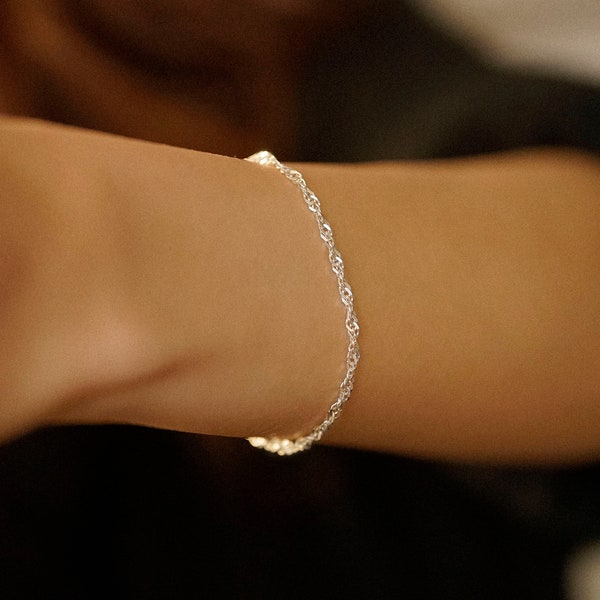 Sterling Silver Singapore Twist Bracelet, Twist Bracelet, Flat Curb Bracelet, Diamond Curb Bracelet, Gift for her, Birthday Gift