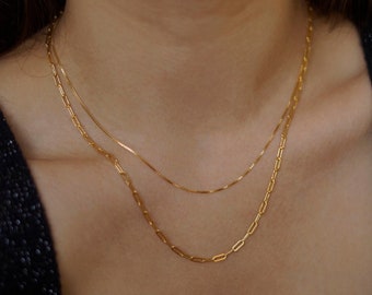 Gold Filled Necklace Set, Paperclip Necklace, Box Necklace, Layering Necklace, Double Necklace, Birthday Gift, Gift for Her