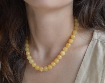 Yellow Jade 10mm Natural Gemstone Necklace • Crystal Toggle Clasp