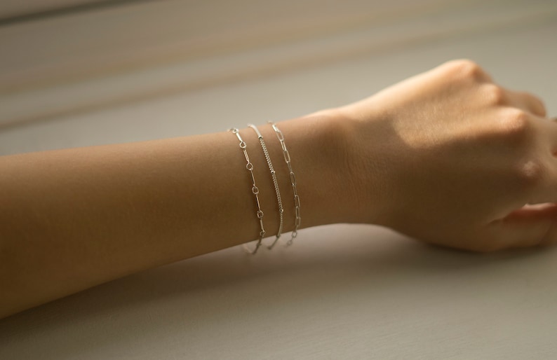 Sterling Silver Bracelet Set, Set of Three Bracelets, Bar Bracelet, Paperclip Bracelet, Satellite Bracelet, Layering Bracelets, Gift for her image 7