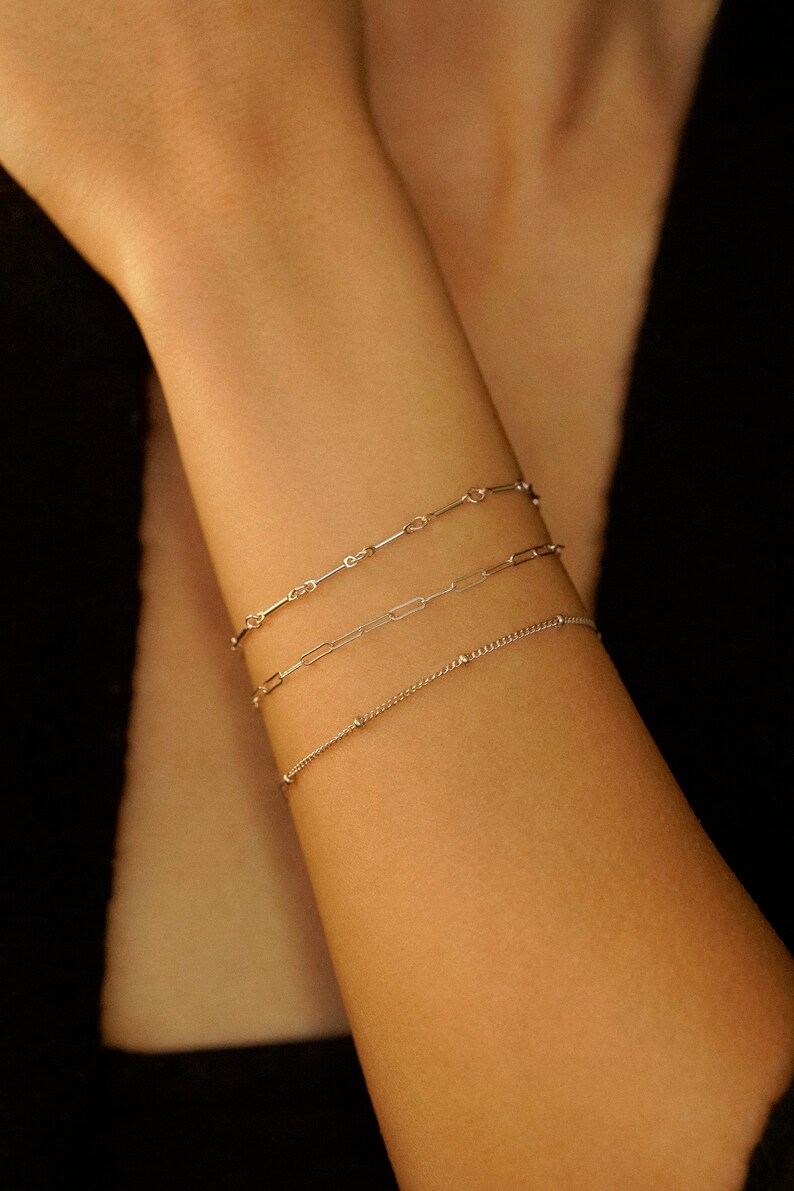 Sterling Silver Bracelet Set, Set of Three Bracelets, Bar Bracelet, Paperclip Bracelet, Satellite Bracelet, Layering Bracelets, Gift for her image 6