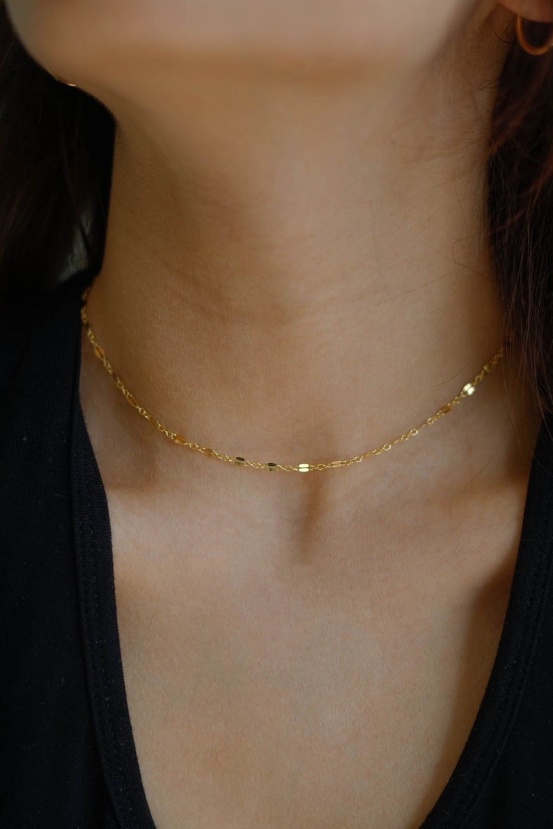 Gold Filled Lace Sequin Necklace, Dainty Gold Choker Necklace, Sequin Chain Choker, Chain Lace Choker, Tattoo Choker, Minimal Necklace image 1