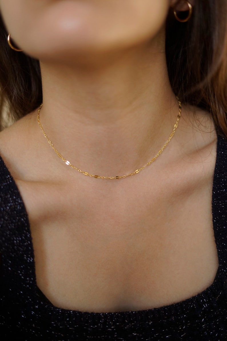 Gold Filled Lace Sequin Necklace, Dainty Gold Choker Necklace, Sequin Chain Choker, Chain Lace Choker, Tattoo Choker, Minimal Necklace image 5