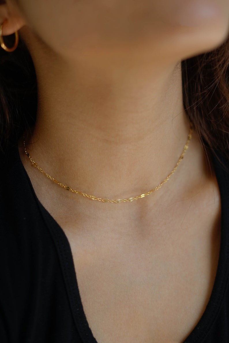 Gold Filled Lace Sequin Necklace, Dainty Gold Choker Necklace, Sequin Chain Choker, Chain Lace Choker, Tattoo Choker, Minimal Necklace image 4