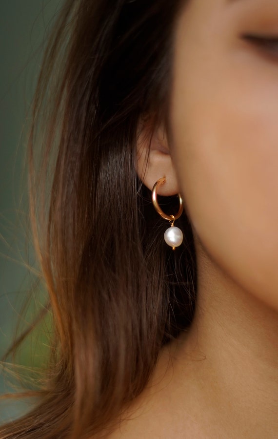 Gold Filled Hoop Earrings With Freshwater Pearl Huggie Hoops | Etsy