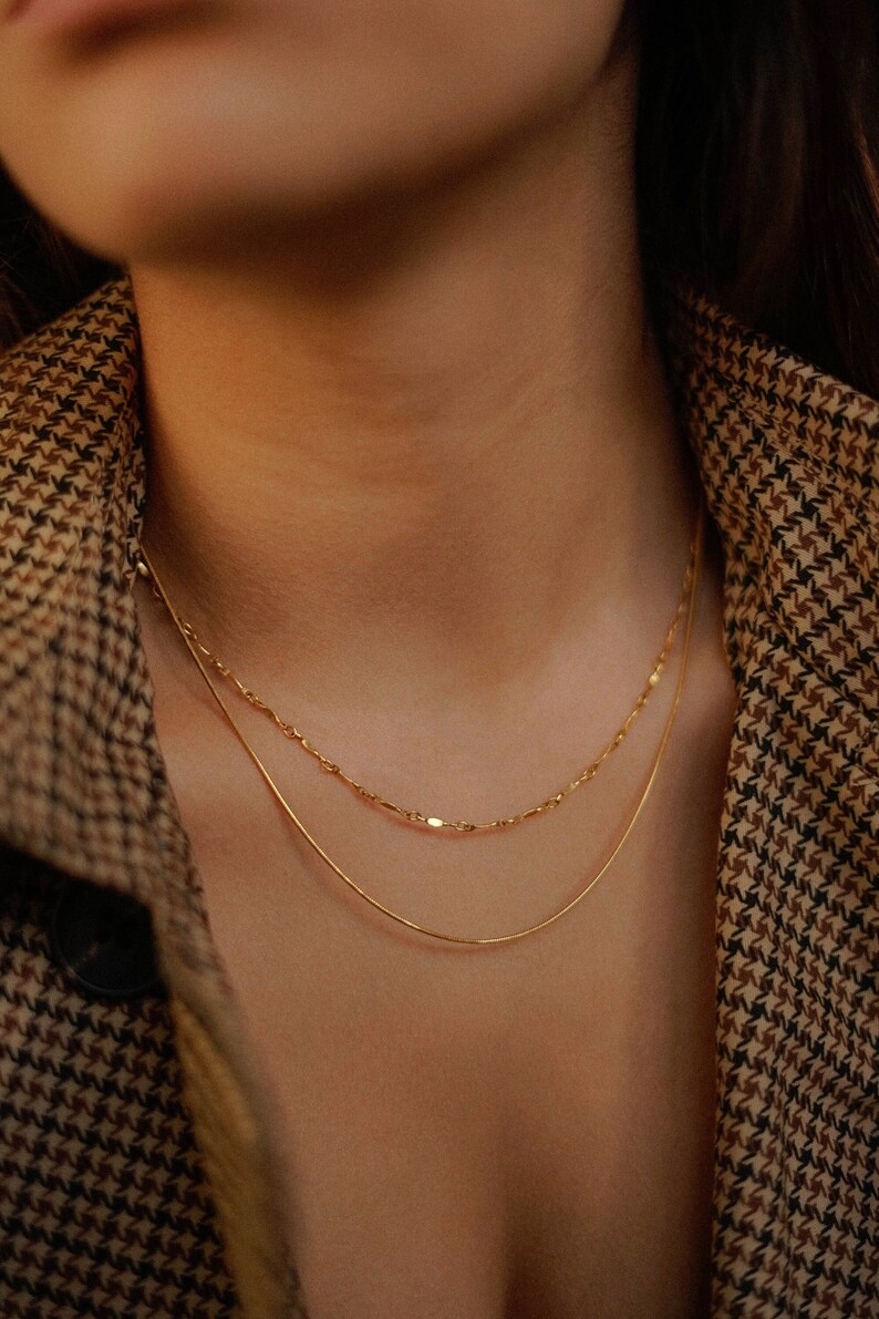 Gold filled double layered dapped bar and snake necklace set.