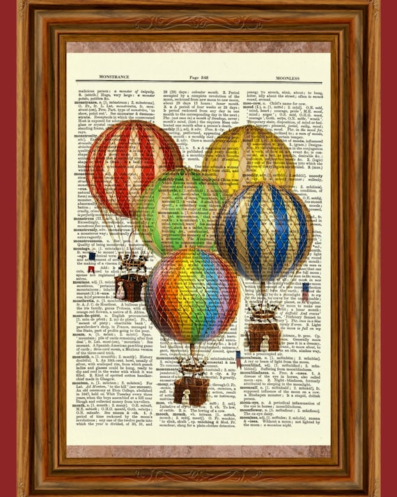 Antique Book page Art Print-Hot Air Balloon 9 Upcycled Dictionary Wall Art Print