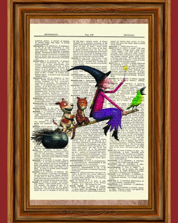 Room On The Broom Upcycled Dictionary Vintage Art Print Poster Movie Witch Halloween