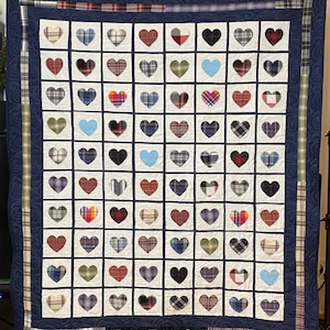 Memory Quilt made from YOUR loved one&#39;s clothes, shirts or neckties. Custom quilt. Upcycled clothing. Repurposed ties. Heart quilt