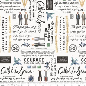 May include: White fabric with a repeating pattern of text, illustrations, and figures. The text includes phrases like "Called to Serve" and "Forget yourself and go to work." Illustrations include airplanes, bicycles, and figures in suits.
