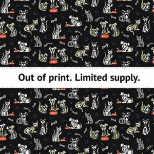 May include: Black fabric with a repeating pattern of skeleton dogs, cats, and bones. The dogs and cats are in various poses. The word "Kitty" is on some of the dog's collars. The text "Out of print. Limited supply." is across the image.