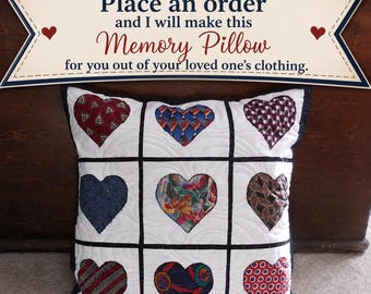 Memory Heart Pillow: Upcycled Clothing Keepsake, Memorial Gift, Quilted, 18 x 18 inch pillow cover and pillow form
