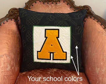 Customizable Varsity Letter Pillow Cover.  Made out of YOUR varsity letter.  Choose the colors and quilting stitch you'd like. 18 x 18 inch.