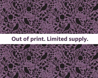 May include: A fabric with a repeating pattern of black birds, leaves, and round shapes on a purple background. The text "Out of print. Limited supply." is displayed in a white banner across the image. The fabric is measured in inches.