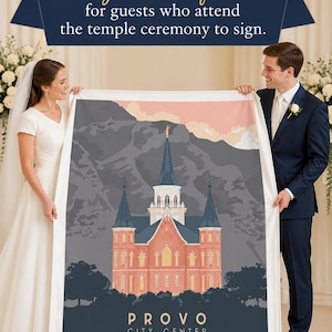 May include: A wedding quilt panel featuring a Provo City Center Temple illustration. The panel has a dark blue base with a red and white building, gray mountains, and the text "PROVO CITY CENTER Temple". A bride and groom hold the panel.