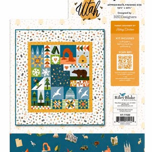 May include: A Utah Quilt Kit by RBDDesigners featuring a 56.5" x 60.5" finished size. The quilt top displays a grid of colorful squares with illustrations of a bear, beehive, skier, arches, and nature motifs. Includes a QR code and fabric details.