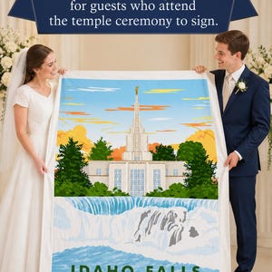 May include: A wedding signature quilt panel featuring the Idaho Falls Temple, with a waterfall and colorful sky. The text reads, "Use this panel to make a signature quilt for guests who attend the temple ceremony to sign."