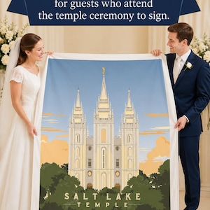 May include: A large, rectangular panel featuring an illustration of the Salt Lake Temple, with text that reads "SALT LAKE TEMPLE." The panel is held by a bride and groom. The panel is designed for guests to sign at a temple ceremony.