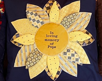 Memorial Sunflower Pillow Made from Neckties: Personalized Keepsake