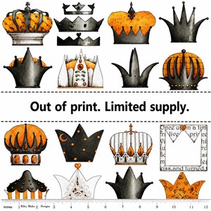 May include: A fabric design featuring various illustrated crowns in black, orange, and white. Some crowns have star and moon accents. The text "Out of print. Limited supply." is also present. The ruler at the bottom measures up to 12 inches.