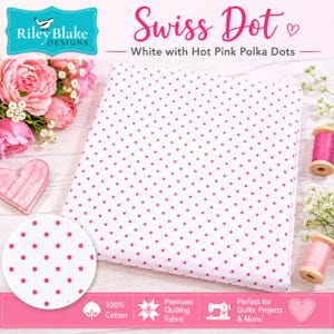 Swiss Dot On White Hot Pink by Riley Blake Designs. 100% Cotton Quilting fabric.