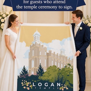 May include: A wedding quilt panel featuring a detailed illustration of the Logan Temple, with text that reads "Use this panel to make a signature quilt for guests who attend the temple ceremony to sign." The design includes a blue, yellow, and green color scheme.