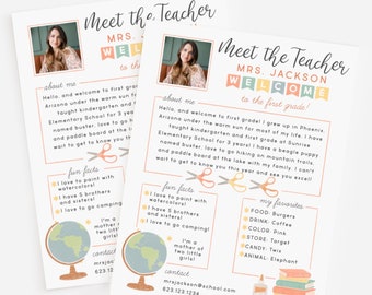 Flyer de lettre modèle modifiable Meet The Teacher, formulaire de retour à l'école, modèle portes ouvertes imprimable, fournitures pour classe primaire de maternelle